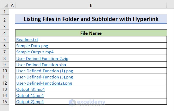 List Files in Folder and Subfolders with Hyperlinks with Excel VBA
