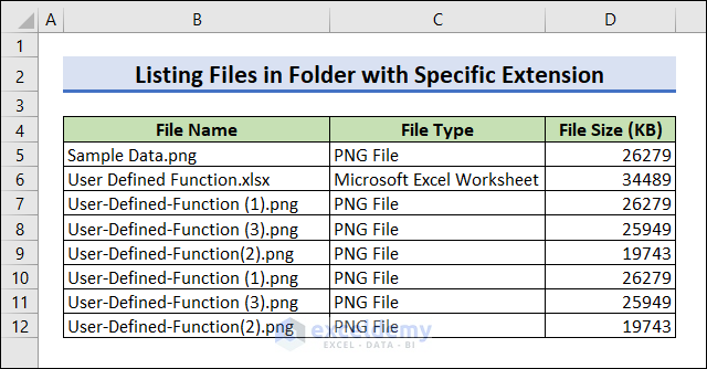 List Files in Folder with Specific Extensions in Excel with VBA