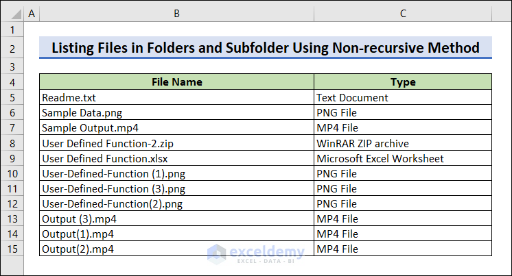 List Files in Folder and subfolders in Excel using the non-recursive method 
