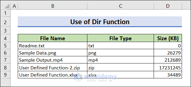 List Files in Folder in Excel using the Dir function