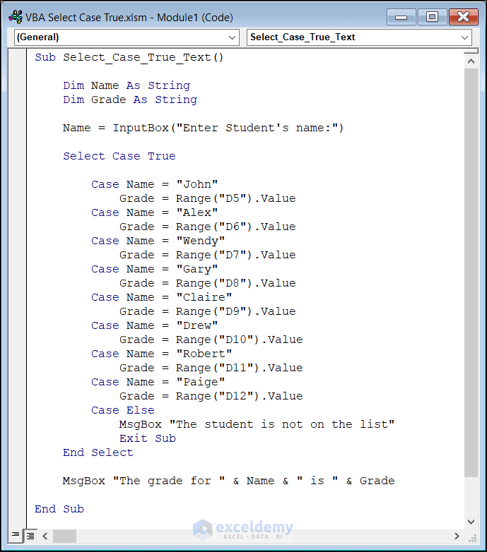 Java Select Case Examples Excel VBA Select Case True - ExcelDemy