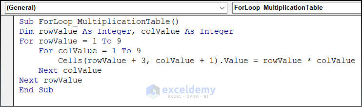 vba nested for loop code of multiplication table