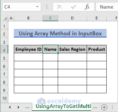 Dataset to use Array Method to take multiple inputs in vba inputbox in Excel