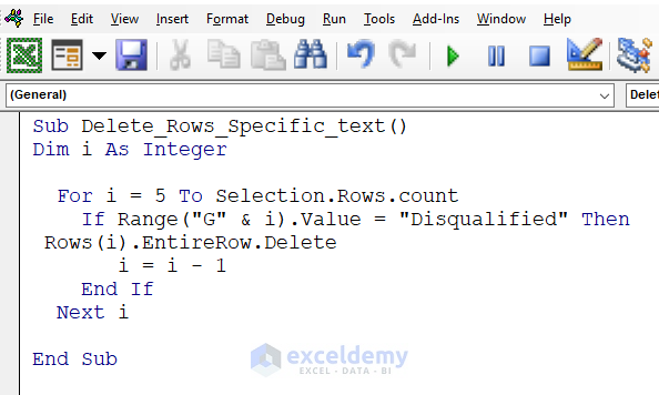 VBA code to delete rows if a cell has specific text