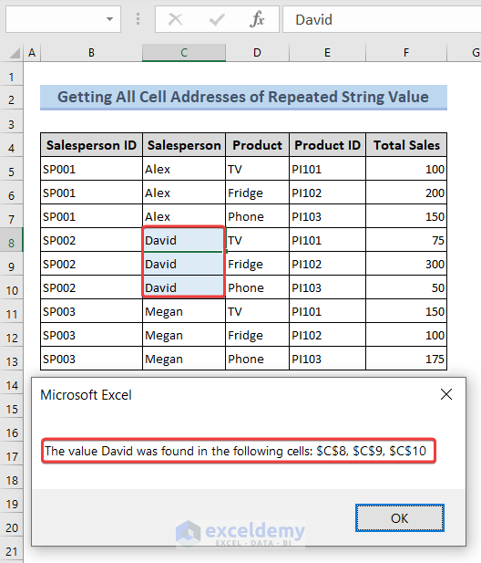 Overview of Finding All Cell Addresses of Duplicate String Value