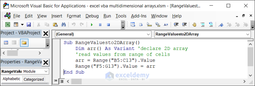 Code of inserting array values from range