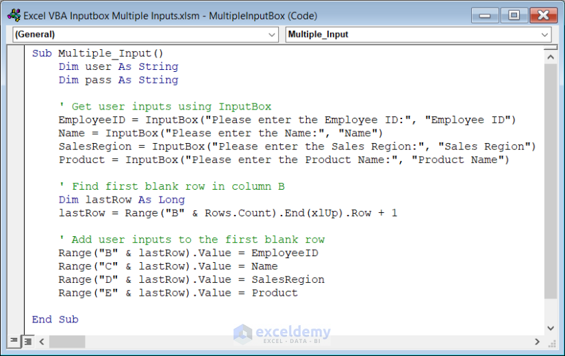  VBA Code for Multiple InputBox to take multiple inputs in Excel