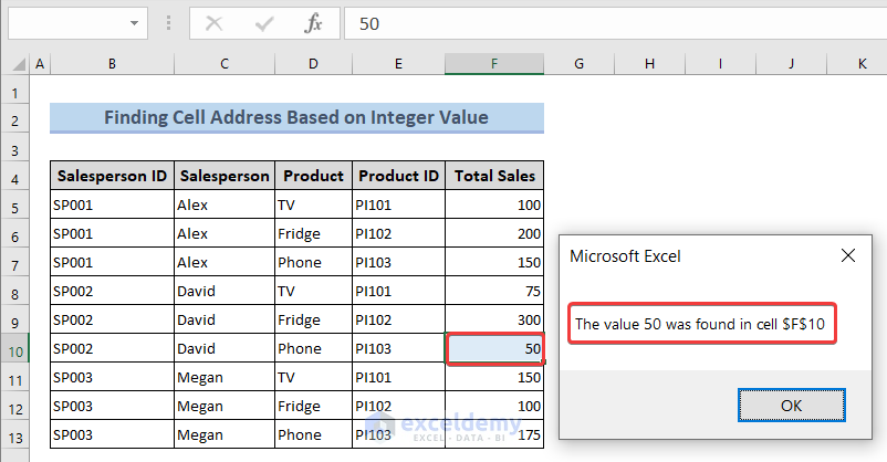 value 50's cell address is found through Excel vba find cell address based on integer value method