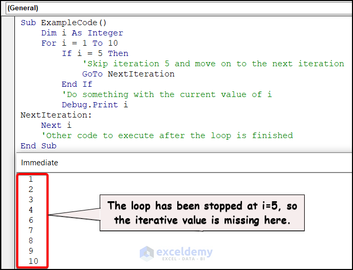 Showing continuation of For loop using Go To statement