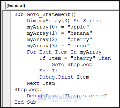 VBA Code for Go To statement to Exit For Each Loop