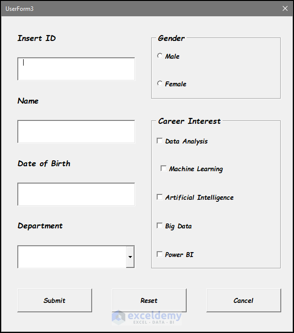 Final form of userform with resized controls to create an input box with options
