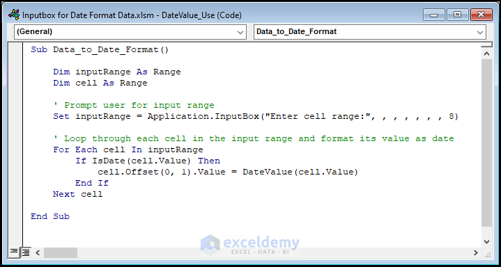 Code for Using DateValue Function to Convert InputBox Data to Date