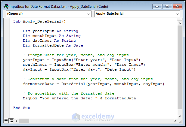Code for Applying the DateSerial Function to Construct a Date from Year, Month, and Day in Valid Date Format