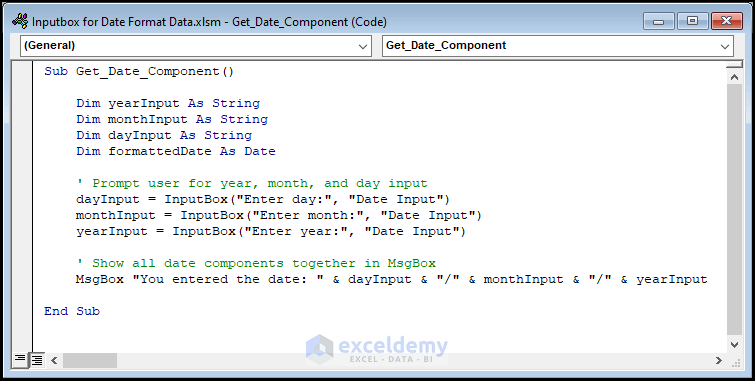 Code for Inserting Day, Month, and Year Components from InputBox and Displaying with MsgBox