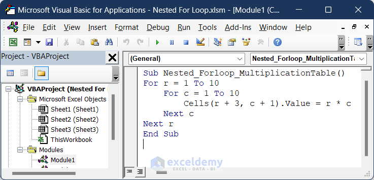 Code with Nested For Loop for Creating Multiplication Table)