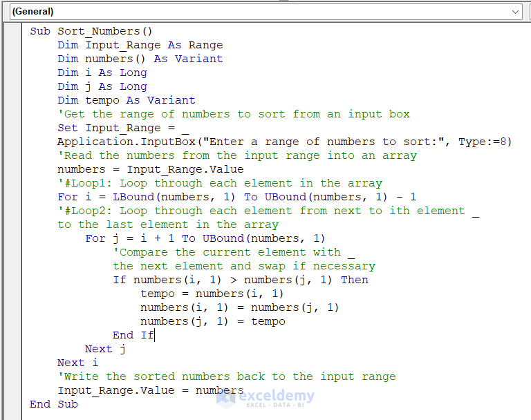 Code with Nested For Loop for Sorting Numbers in Ascending Order)