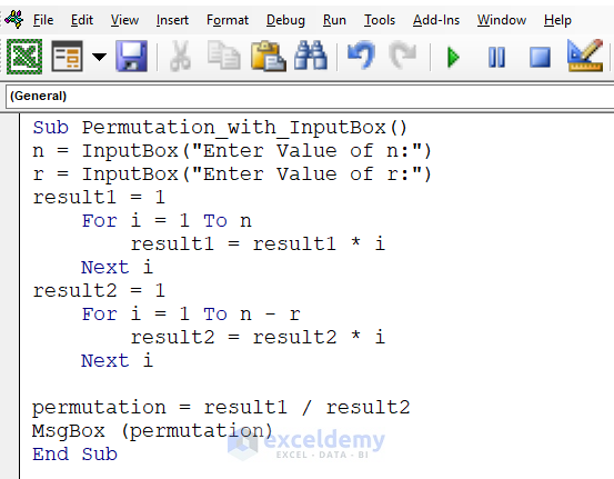 code for permutation and combination in excel vba