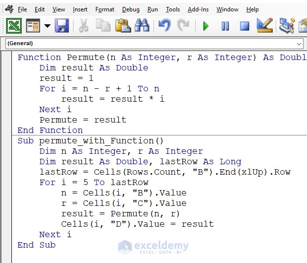 VBA code permutation with function
