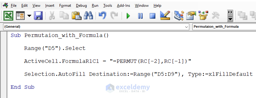 VBA code for permutation with formula