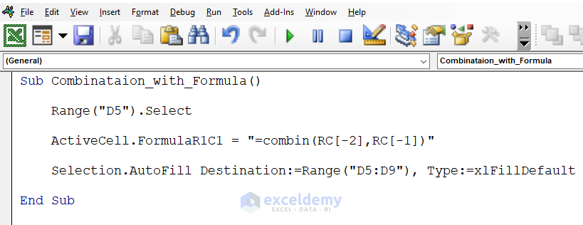 VBA code for combination with formula