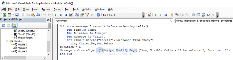 inserting the VBA code in module section 