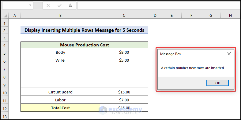 display message box after inserting rows