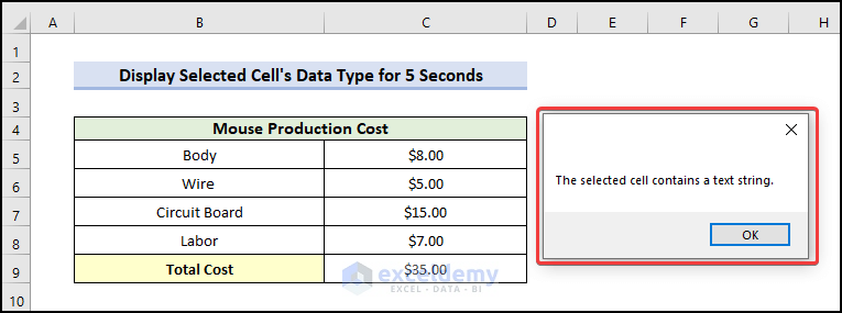 display selected cell’s data type for 5 seconds