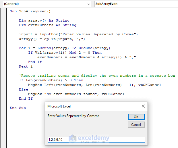 Input is entered with commas