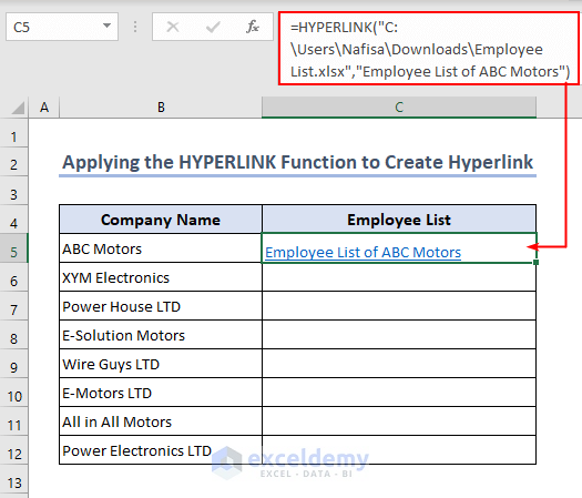 Applying HYPERLINK function create hyperlink in Excel