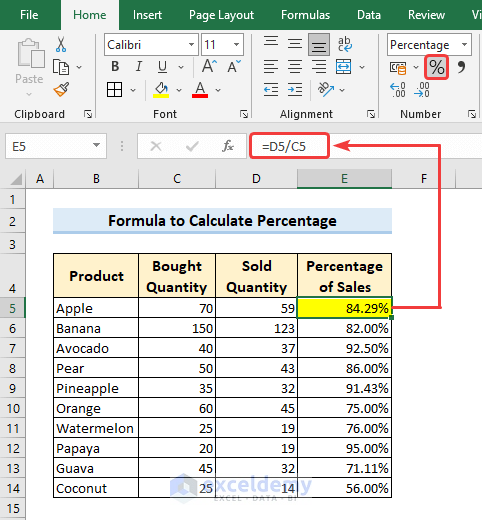 How to create a formula in Excel to calculate percentage