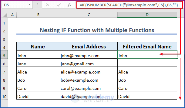 Nesting the IF Function with Multiple Functions to Filter Email Addresses in Excel