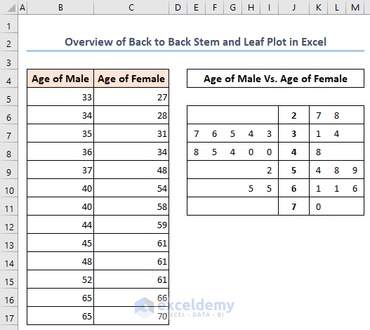 Overview of back to back stem and leaf plot in Excel