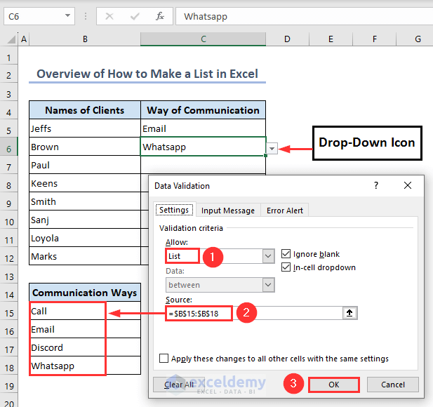 Overview of how to make a list in Excel using Data Validation tool