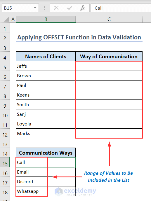 Showing Dataset for using OFFSET function in Data Validation