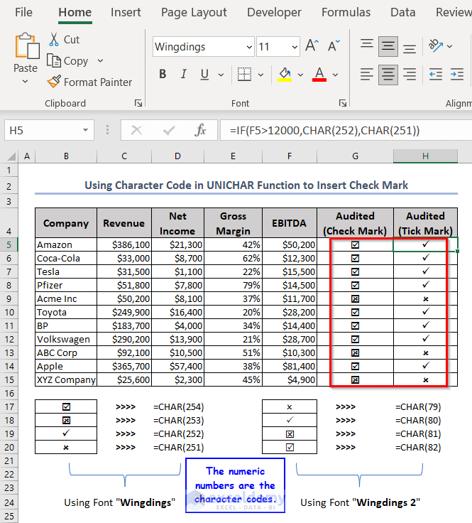 Character code for check mark in Excel