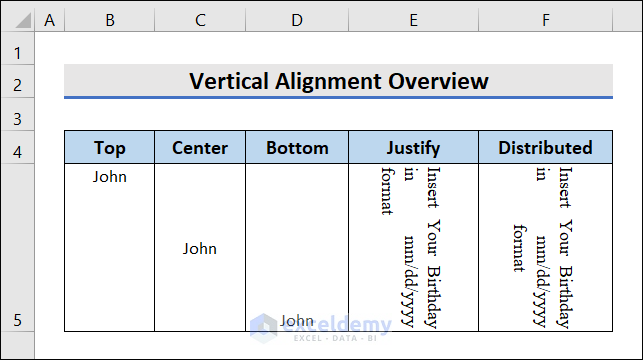 overview of different kinds of Excel VBA Vertical Alignment