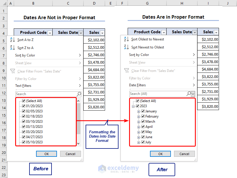 Overview image of Excel Date Filter not grouping by month