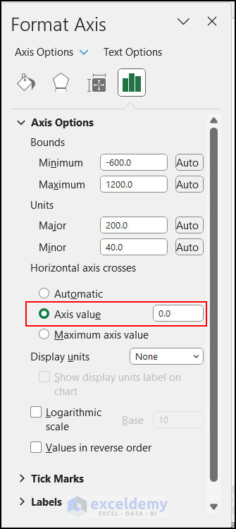 Axis value option in Format Axis pane