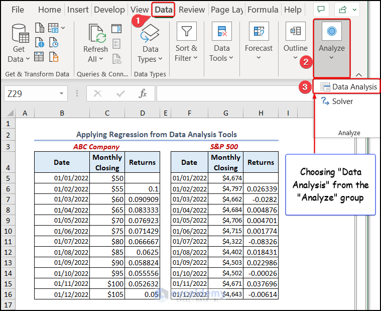 Choosing Data Analysis from the analyze group