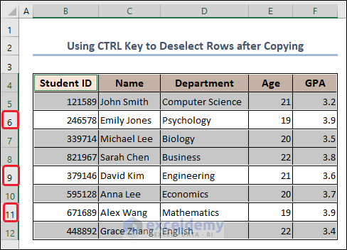 Double clicking row numbers to deselect rows