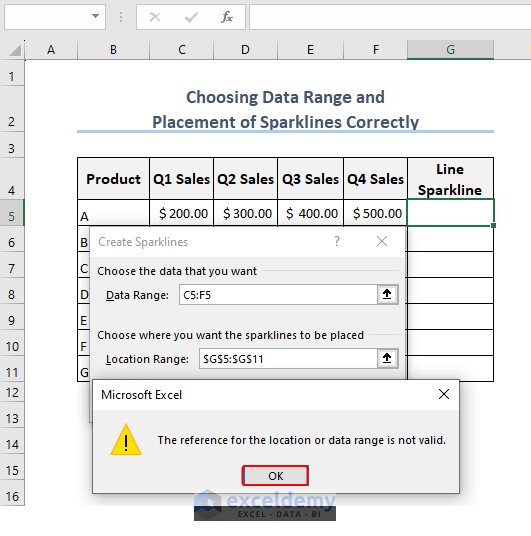 Excel Sparkline is showing an error