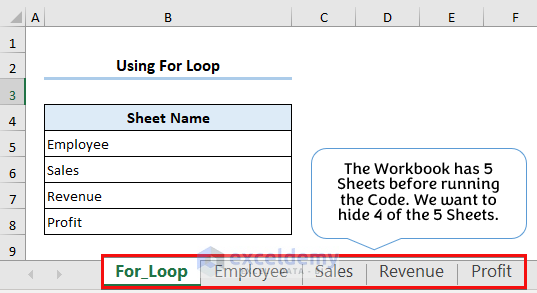 Five Worksheets visible before executing For Loop