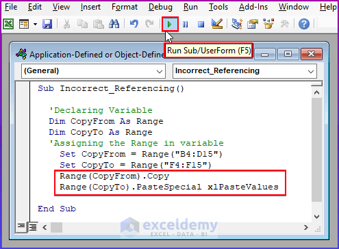 Incorrect Referencing As Application-Defined or Object-Defined Error in Excel VBA