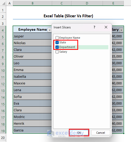 Marking State and department options in Slicer