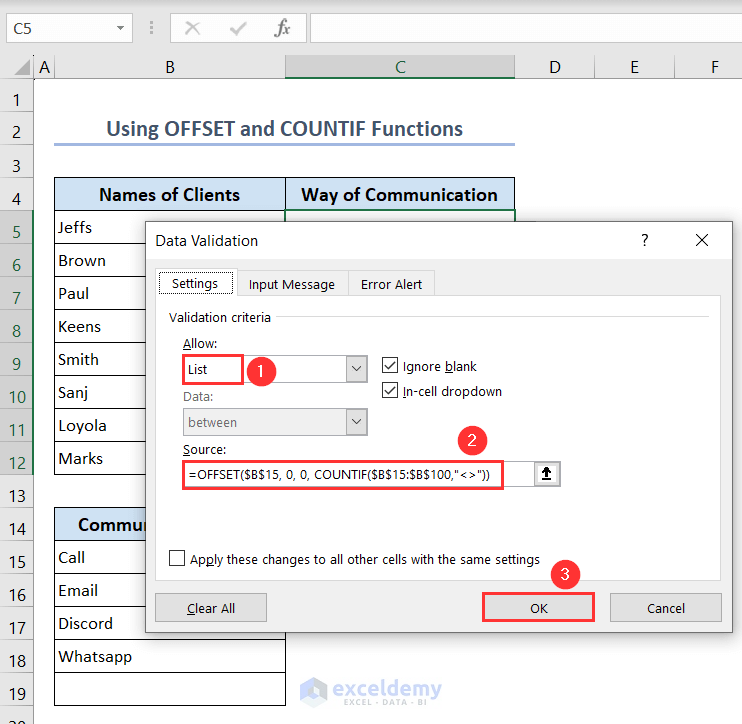 Putting OFFSET and COUNTIF functions in Data Validation window