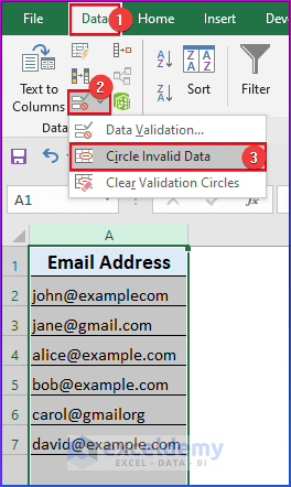 Selecting Circle Invalid Data Option from the Data Validation Command in Excel