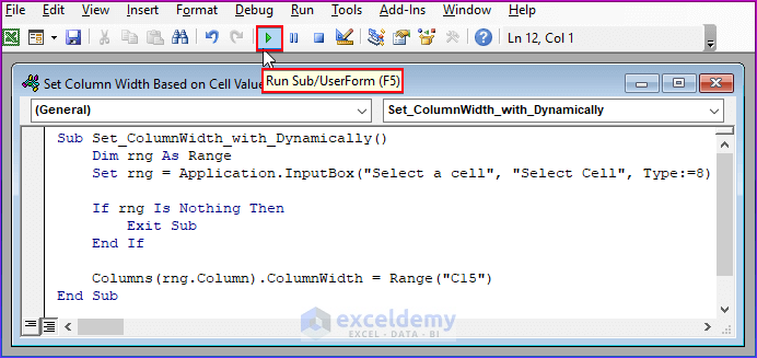Set Column Width from InputBox Based on Cell Value in Excel VBA