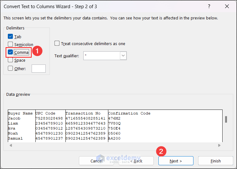 Text to Columns Wizard Step 2 of 3 Delimiters Comma and Next Button
