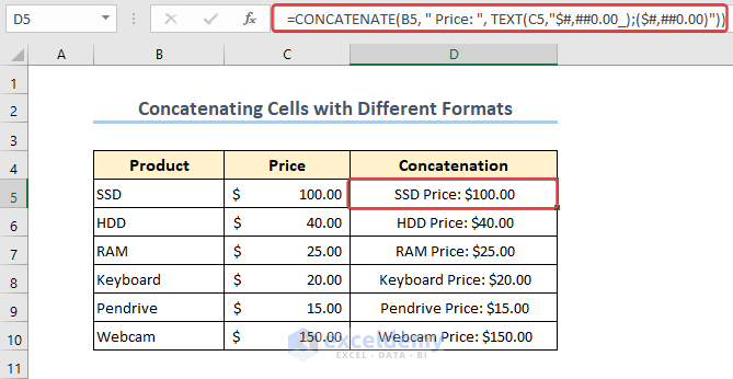 Using CONCATENATE function to join text and accounting format
