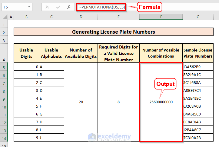 Using PERMUTATIONA() Function to Calculate Possible Units of License Plate Numbers